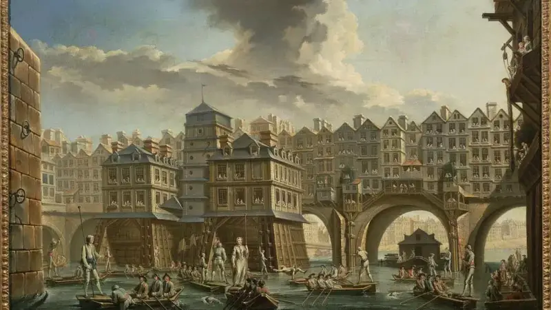 Ejemplo de edificaciones encima de un puente en París. Pintura de Nicolas-Jean-Baptiste Raguenet (1756)