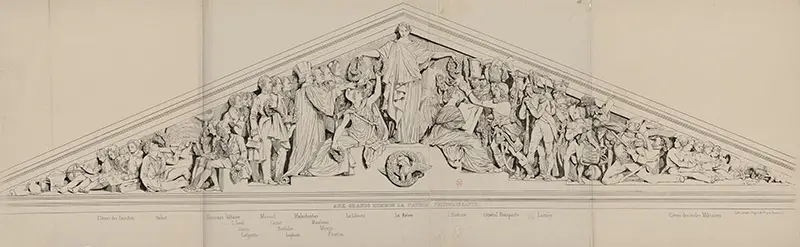 Detalles del frontón del Panteón, París con los civiles a la izquierda, los militares a la derecha y la república en el medio distribuyendo laureles.